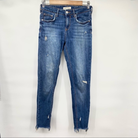 Zara Woman Medium Blue Wash Distressed Skinny Jeans